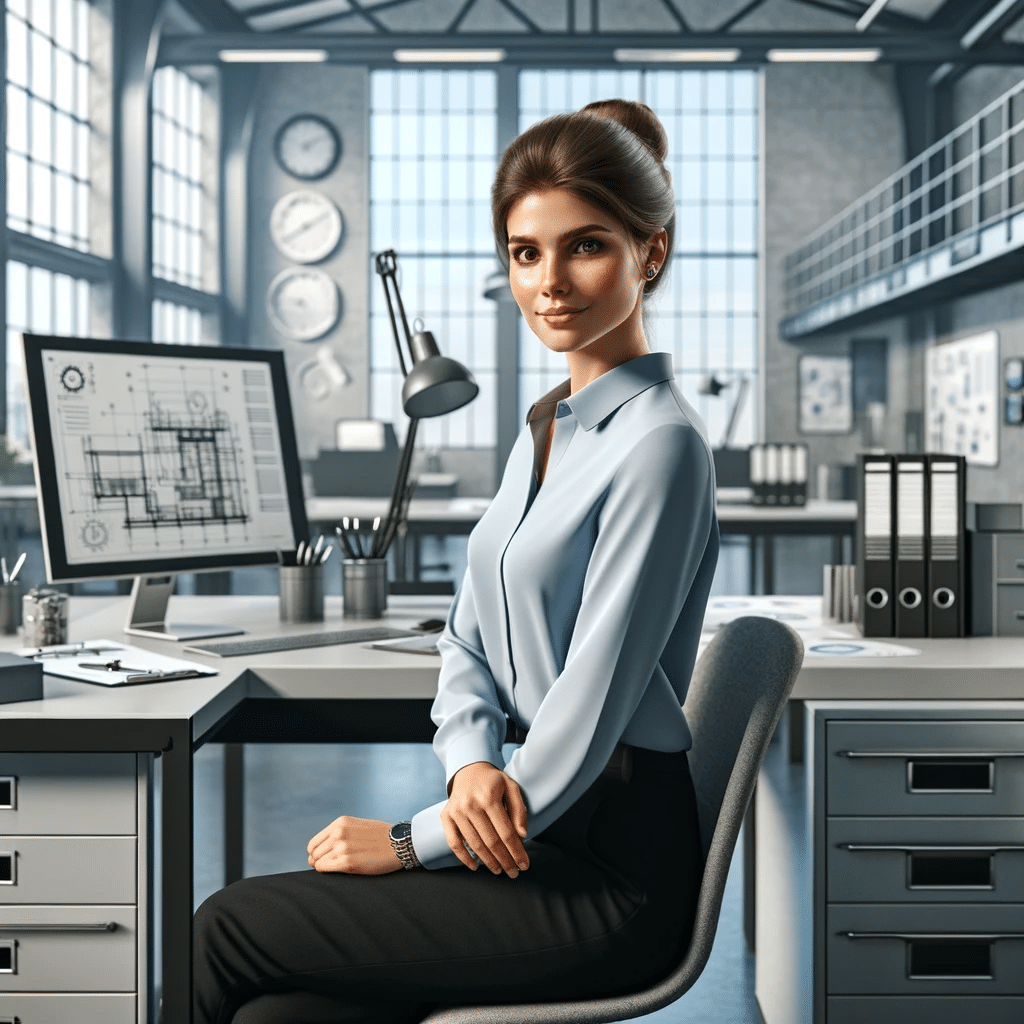 DALL·E 2023 11 04 18.49.49 A professional female worker of Caucasian descent is depicted in an office within an industrial company designed for a career website to represent th