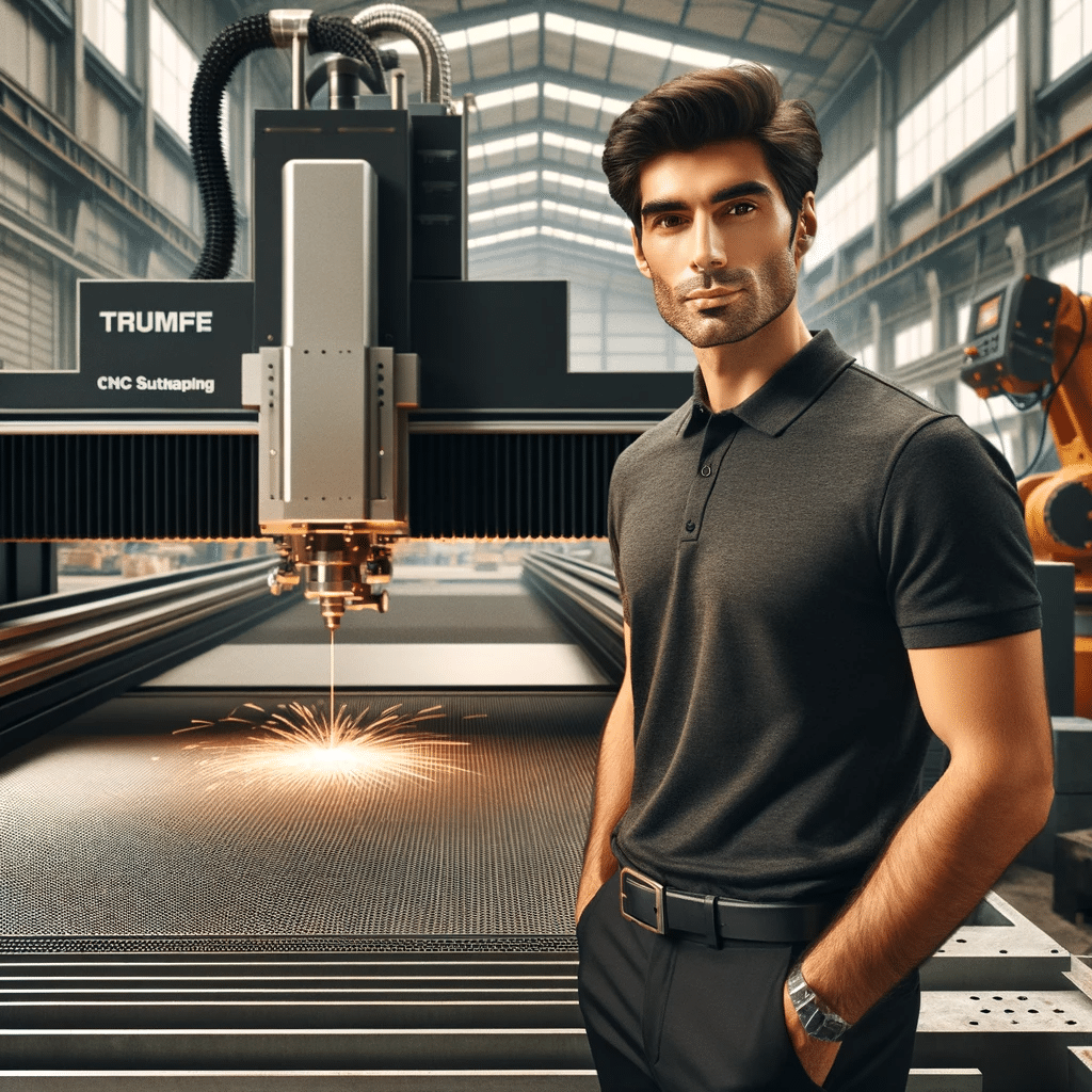 DALL·E 2023 11 04 18.51.05 A male worker of Middle Eastern descent is shown in an industrial setting standing confidently in front of a high tech Trumpf CNC laser cutting machi