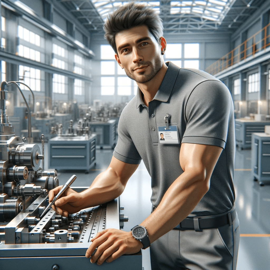 DALL·E 2023 11 04 18.51.54 A professional male worker of Caucasian descent is featured in an industrial setting for a career website emphasizing the role of an Industrial Mecha