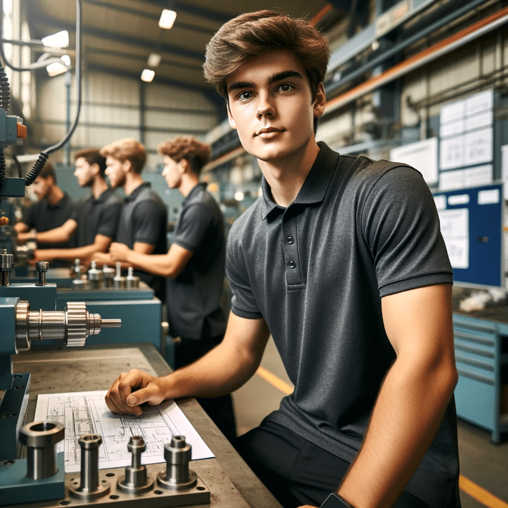 DALL·E 2023 11 04 18.55.23 A young apprentice of Caucasian descent poised to represent the role of an Industrial Mechanic trainee M W D for a career website is pictured in a