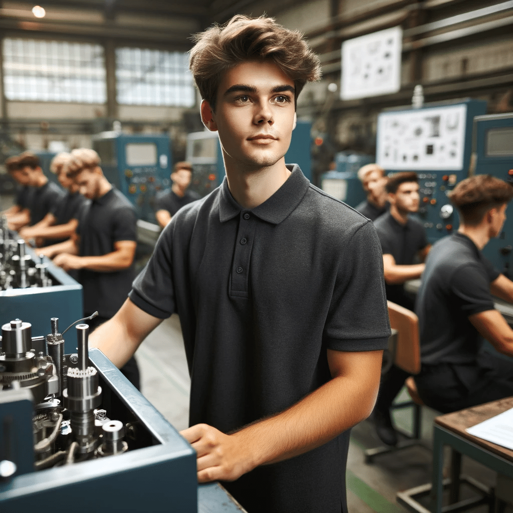 DALL·E 2023 11 04 18.55.27 A young apprentice of Caucasian descent poised to represent the role of an Industrial Mechanic trainee M W D for a career website is pictured in a 1