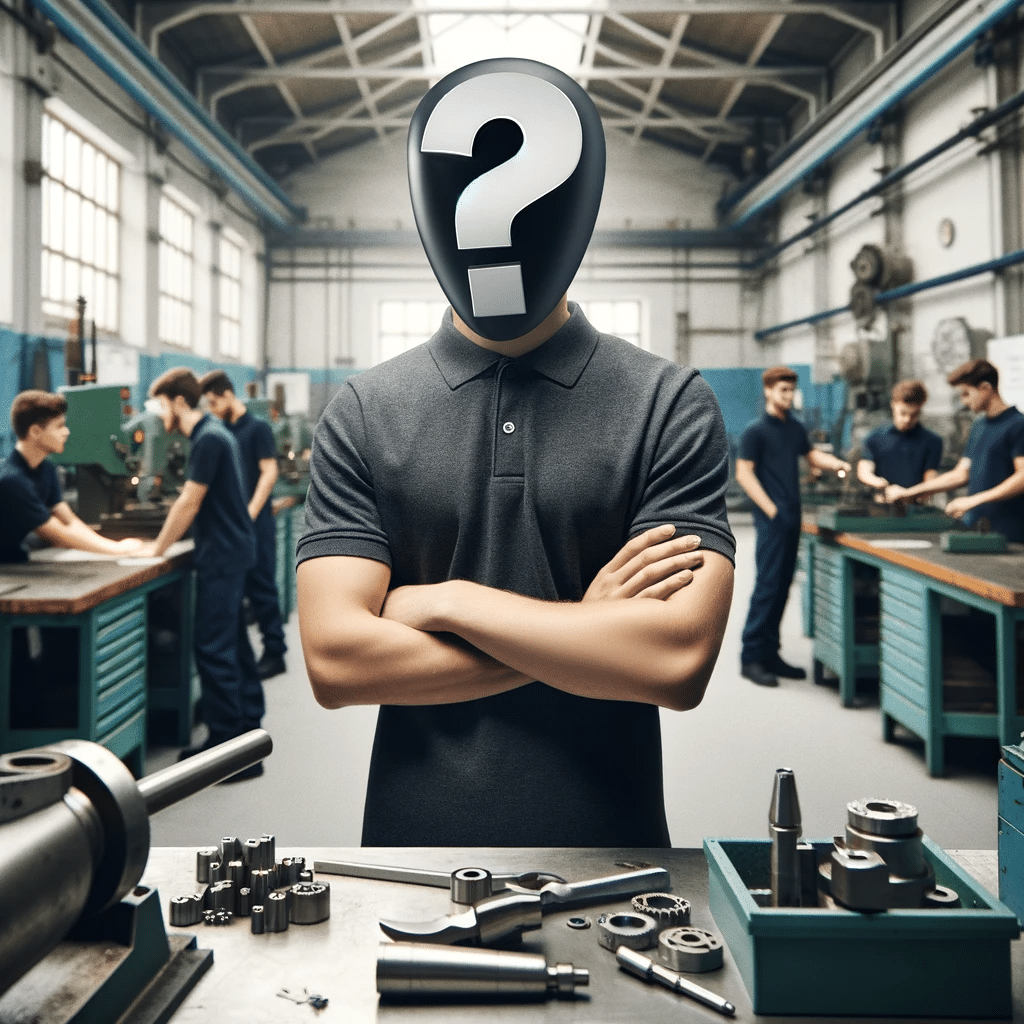 DALL·E 2023 11 04 18.56.53 The image is of a young apprentice of Caucasian descent in an industrial training facility similar to the previous pictures but with a unique twist
