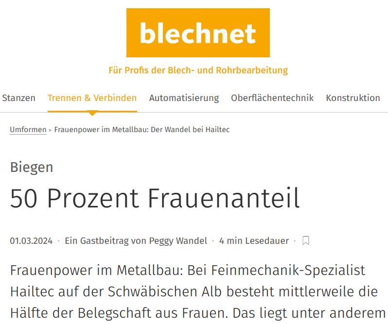 Screenshot Blechnet Artikel 50 Prozent Frauenanteil bei HAILTEC